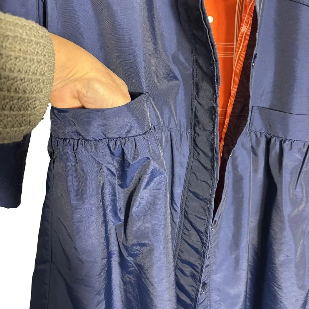 Tulle Navy Blue Coat With Orange Plaid Lining XL Lightweight 3/4 Sleeves Button - Picture 5 of 11